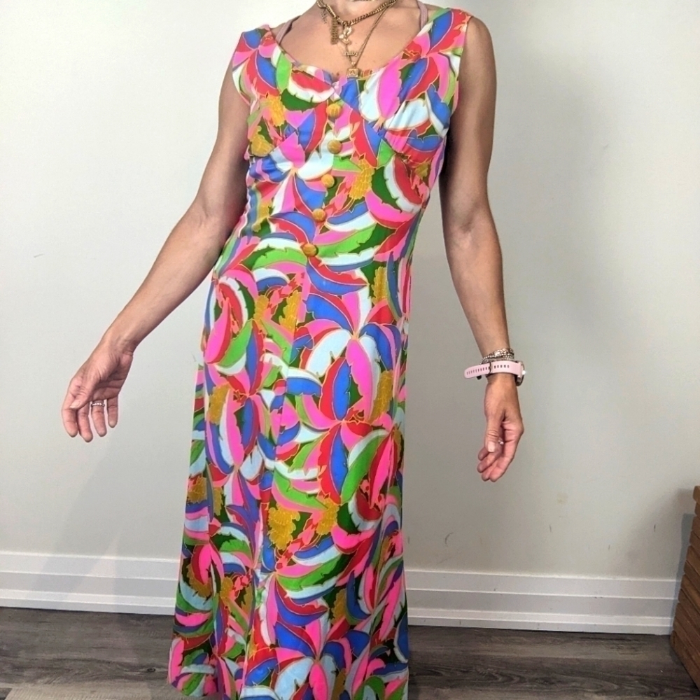 Boho 70s Maxi Dress Vibrant Sleeveless - Picture 2 of 7